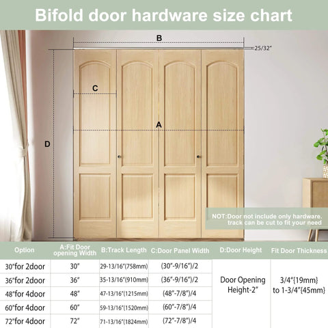 60 Inch Bifold Door Hardware Kit For Four Doors Top Mounted Sliding Barn Style Rails and Rollers Size Chart in Room