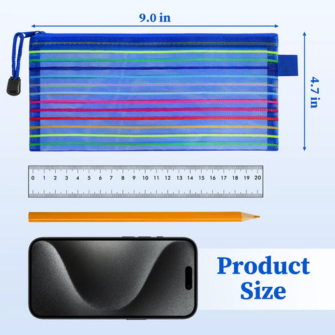 120 Pack Mesh Zipper Pencil Pouches In 10 Colors 9 By 4 Point 7 Inch Small Pencil Bags with size comparison to pencil and ruler