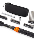 32 Piece Bike Torque Wrench Set With One Quarter Inch Drive Click Wrenches And Bit Kit, portable pouch, tools displayed
