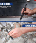 Hands using cold and cape chisels from 30 Piece Heavy Duty Punch And Chisel Set With Roll Pouch Cold And Cape Chisels Center Pin