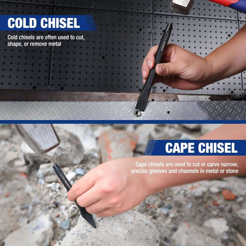 Hands using cold and cape chisels from 30 Piece Heavy Duty Punch And Chisel Set With Roll Pouch Cold And Cape Chisels Center Pin
