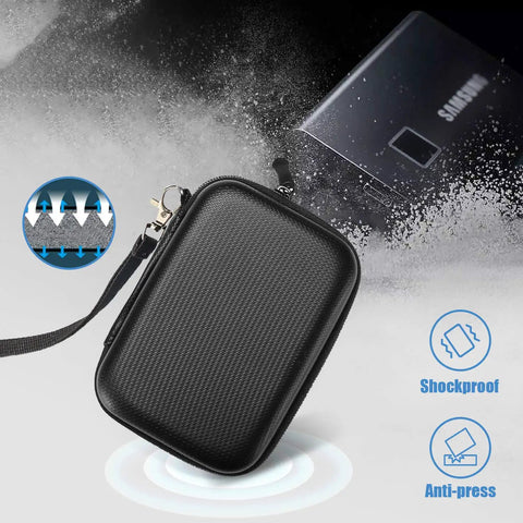Samsung T7 And T7 Touch Portable SSD Case with Silicone Cover, hard EVA shockproof, travel organizer, black edition.