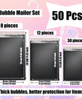 Black Bubble Mailers Set Of 50 Waterproof Self Seal Padded Envelopes For Shipping And Packing, three sizes shown with dimensions