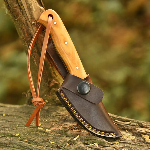 Five Point Five Inch Handmade Hunting Skinning Knife With Two Inch D2 Steel Fixed Blade And Three Point Five Inch Olive Wood Handle