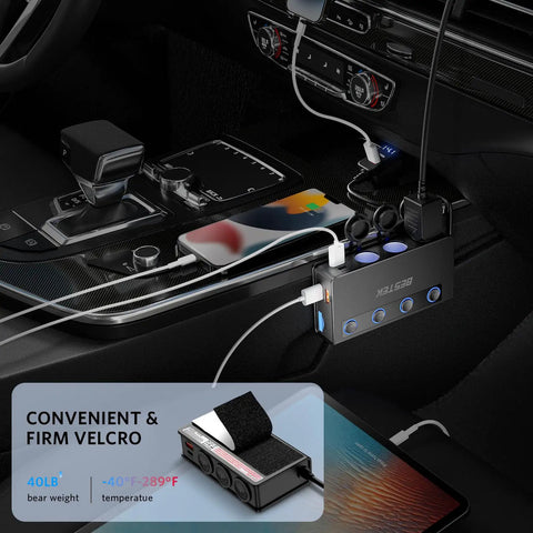 Three Socket Cigarette Lighter Splitter Delivering 180W Power With Pd 65W Qc 3 0 Fast Charge in a car charging multiple devices.