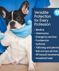 Front view of blue disposable latex-free gloves on a person holding a small dog, with a blue info panel in background.