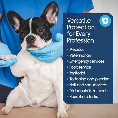 Front view of blue disposable latex-free gloves on a person holding a small dog, with a blue info panel in background.