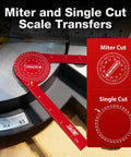 7.3 Inch Aluminum Miter Saw Protractor Angle Finder Tool with Sick Accuracy for Cutting Crisp Crown Molding Baseboard and Trim Corners Just Like a Real Carpenter Use This Pro Grade Gauge to Nail Your Joints Every Time Get That Straight Fit without Any, showing miter and single cut gauges on a saw.