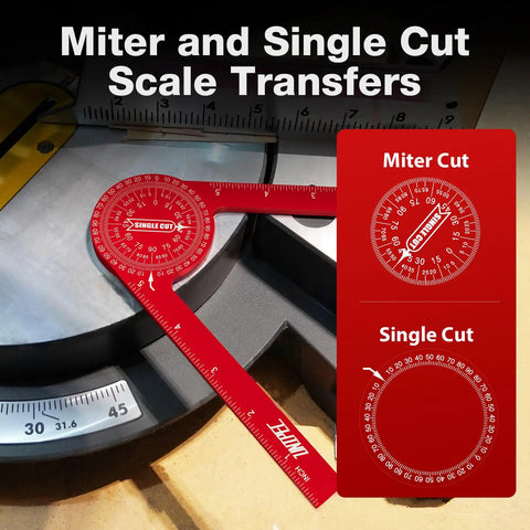 7.3 Inch Aluminum Miter Saw Protractor Angle Finder Tool with Sick Accuracy for Cutting Crisp Crown Molding Baseboard and Trim Corners Just Like a Real Carpenter Use This Pro Grade Gauge to Nail Your Joints Every Time Get That Straight Fit without Any, showing miter and single cut gauges on a saw.
