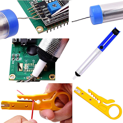 Handy All In One Soldering Kit With 60W Adjustable Iron And Glue Gun Desoldering Pump in use for electronic repairs on PCB