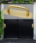 Gold Oval Base 304 Stainless Steel Door Pull Handles Set Durable Heavy Duty 8 Inch Built Tough Satin Finish For Glass Doors Fire Doors Entrance And Exit 2 Pack on black gate