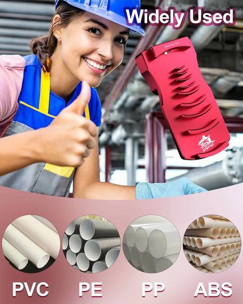 Pink 9-in-1 PVC pipe deburring tool with adjustable chamfers for 0.5–4 in pipes, front view