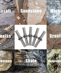 Heavy Duty Beefed Up Wedge And Feather Shims Set 10 Pack Five Eighth Inch Plug Shim And Wedge For Concrete Stone Rock Splitter Hand Tools Durable Steel Construction For Manual Stone Splitting displayed with various rock types such as basalt, marble, limestone, and more