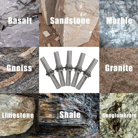 Heavy Duty Beefed Up Wedge And Feather Shims Set 10 Pack Five Eighth Inch Plug Shim And Wedge For Concrete Stone Rock Splitter Hand Tools Durable Steel Construction For Manual Stone Splitting displayed with various rock types such as basalt, marble, limestone, and more