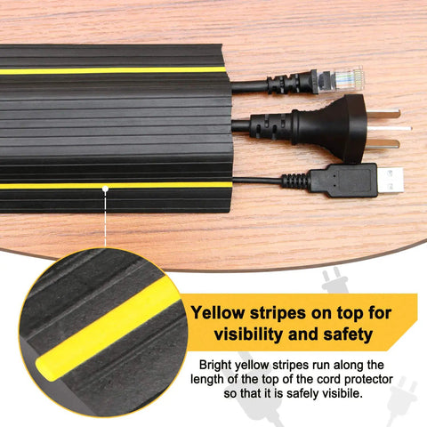 Heavy Duty Floor Cable Cover Protector with yellow stripes and three channels for hiding cords, 0.93 inch mid channel, easy install