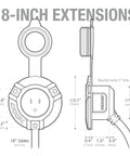 Technical diagram of GCP2 125V 15A AC Port Plug with waterproof inlet socket and dual 18 inch outdoor extension cords dimensions.