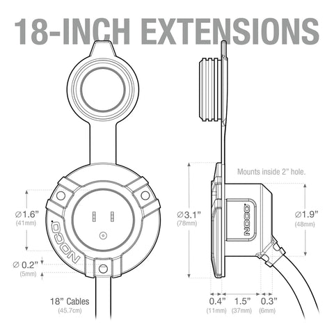 Technical diagram of GCP2 125V 15A AC Port Plug with waterproof inlet socket and dual 18 inch outdoor extension cords dimensions.