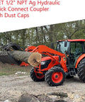 Tractor with 2SET 1/2 Inch NPT Ag Hydraulic Quick Connect Coupler lifting log, skid steer attachment visible.