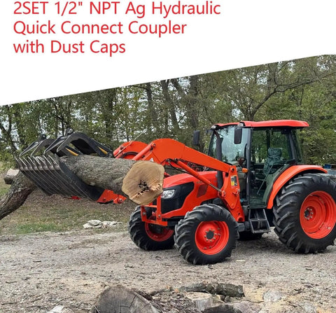 Tractor with 2SET 1/2 Inch NPT Ag Hydraulic Quick Connect Coupler lifting log, skid steer attachment visible.
