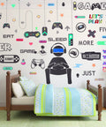 White And Black 56 Piece Gamer Wall Decal Set With Controllers And Joysticks Removable Video Game Stickers on bedroom wall.