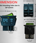 Heavy Duty 30A 250V DPST Rocker Switch 4 Pin Green Lighted On Off Toggle Two Pack For 120V/240V Applications, Perfect For Home, Automotive, And DIY Projects. black rocker switch dimensions 30x22mm with green lens and 4 pin terminals