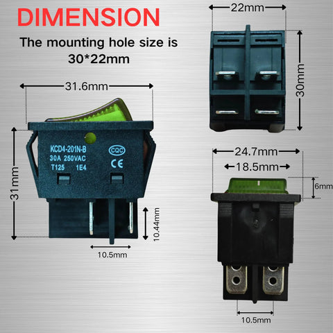 Heavy Duty 30A 250V DPST Rocker Switch 4 Pin Green Lighted On Off Toggle Two Pack For 120V/240V Applications, Perfect For Home, Automotive, And DIY Projects. black rocker switch dimensions 30x22mm with green lens and 4 pin terminals