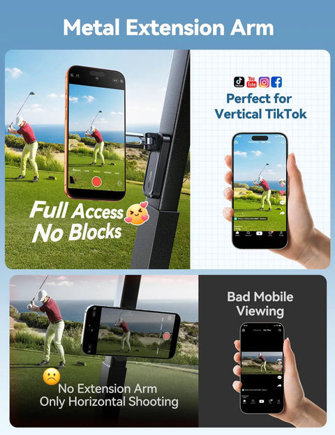 Magnetic Golf Cart Phone Holder With 360 Degree Rotatable Base And Foldable Dual Arm for GPS viewing and vertical video recording on golf course.