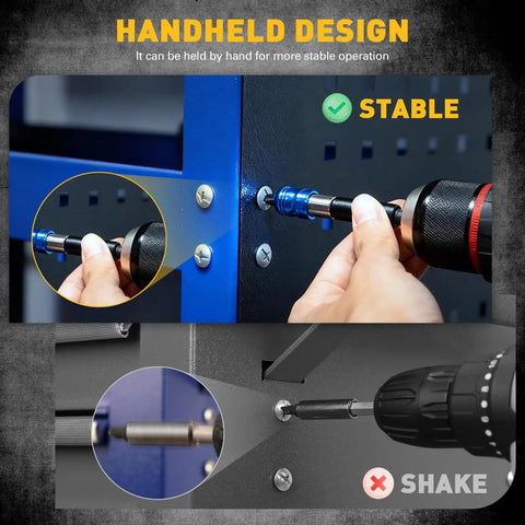 3 Piece One Quarter Inch Quick Change Drill Bit Holder Set with Four Inch Hex Shank Extensions in use on metal surface