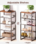 Hella Narrow Five Tier Shoe Rack With Classic Wooden Top Reinforced Steel Mesh in flat and angled positions displaying shoes and decor.