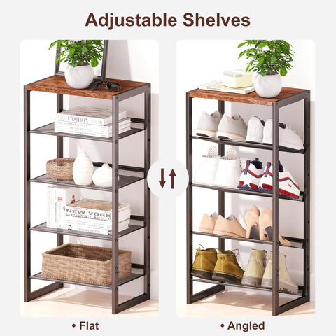 Hella Narrow Five Tier Shoe Rack With Classic Wooden Top Reinforced Steel Mesh in flat and angled positions displaying shoes and decor.
