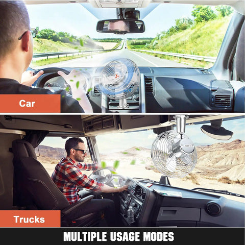 12V Heavy Duty 8 Inch Metal Fan in car and truck cabins with two-speed cooling, used for instant airflow in hot weather.