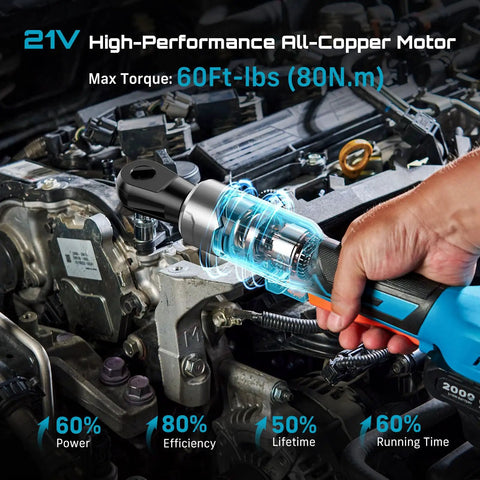 Cordless Ratchet Wrench Set With 60 Ft-Lbs Torque, Beast Power 21V Max shown in use on engine, highlighting motor efficiency.