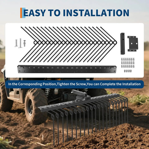 Heavy Duty Tow Behind Landscape Rake And Lawn Dethatcher With 21 Steel Tines And 60 Inch Wide Coverage, easy to install on tractors