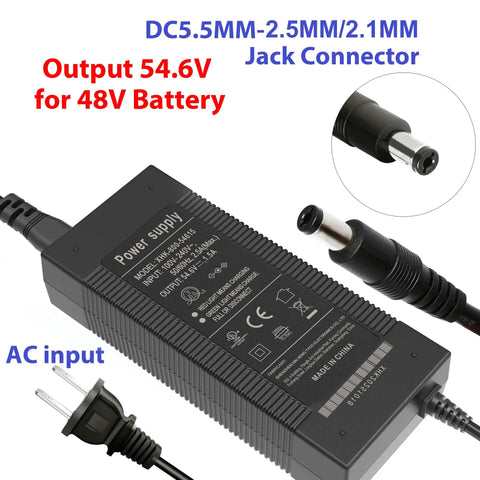 54.6V Smart Charger For 48V Lithium Batteries With UL Certification Fast Charging Multi Safety Protection Worldwide 100 To 240VAC 13S Compatible DC 5.5 By 2.5 Or 2.1mm Connector Perfect For Electric Bikes And Scooters