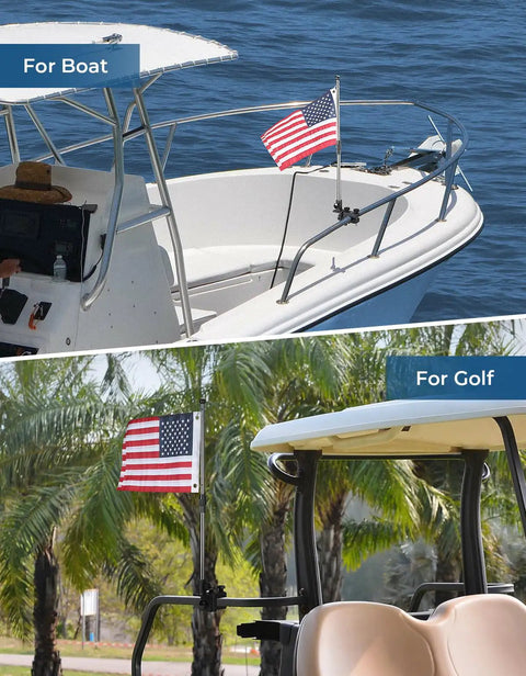 Built Tough Aluminum American Flag Pole Kit With 360 Degree Swivel Mount on a boat and golf cart flying 12 x 18 inch USA banner.