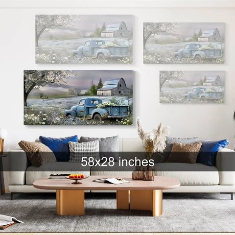 Farmhouse Canvas Wall Art Blue Vintage Pickup Truck With Blooms Over Rustic Barn Scene Farmhouse Vibes Country Charm Cozy Home Decor 58x28 Inches Antique Vehicle Print for Living Room Bedroom or Guest Room.