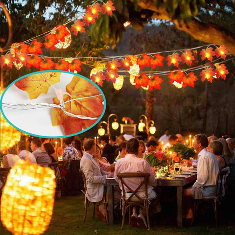 Outdoor evening party with hanging leaf lights and an inset showing the Heavy Duty Braided Picture Hanging Wire 100 Feet Long
