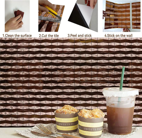 Installation of Pink Type 3D Peel And Stick Backsplash Tiles For Kitchen And Bathroom with coffee and pastries on counter
