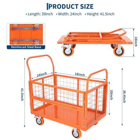 1800 Lbs Platform Truck Cart With Cage 6 In 1 Multi Functional Design Transforms Into Cage Cart Flatbed Dolly 2 Shelf Cart U Boat Truck Or 3 Side Fence Cart Hand Truck For Warehouse Groceries And Heavy Moving, 39x24x41.5 in