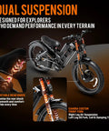Kickass Dual Motor Electric Bike For Adults Hitting 50 Mph Top Speed With 250 Mile Long Range showcasing dual suspension and Eahora front fork.