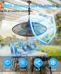 Outdoor Patio Ceiling Fan With Remote And App Control, IP65 Waterproof, shown in gazebo in rain.