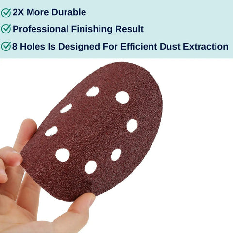 Hand holding five inch 8 hole sanding disc, visible texture and holes, part of 30 pack with assorted grits for orbital sander.