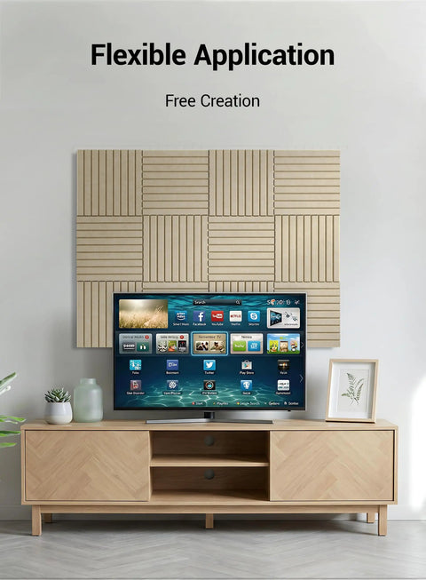 Deep Camel Soundproof Wall Panels 12 Pack Self Adhesive Acoustic Foam Tiles 12X12 Inch on wall behind TV for sound improvement.