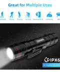 High Lumen Tactical Flashlight With Holster Zoomable Waterproof For Hiking And Camping EDC Ready Outdoor Gear Essential 5 Mode Brightness Rechargeable Battery No AAA Battery Required displayed glowing in dark with durability icons above.