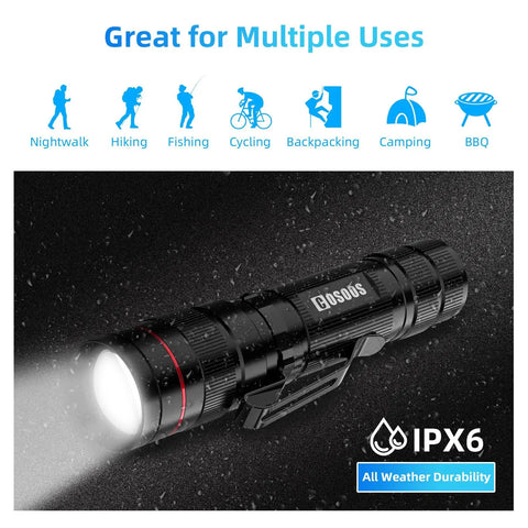 High Lumen Tactical Flashlight With Holster Zoomable Waterproof For Hiking And Camping EDC Ready Outdoor Gear Essential 5 Mode Brightness Rechargeable Battery No AAA Battery Required displayed glowing in dark with durability icons above.
