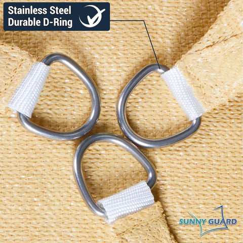 Close-up of Sun Shade Sail 10x13 Ft Rectangle For Backyard Patio And Garden Blocks Up To 95 Percent UV Breathable Cooling Shade stainless steel D-ring