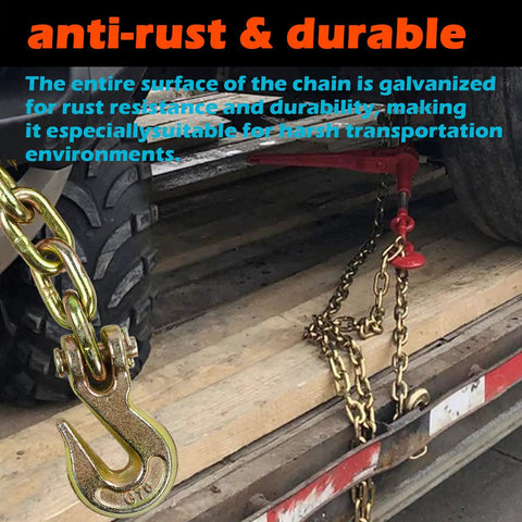 G70 Five Sixteenth Inch Ten Foot Transport Chain With Clevis Hooks For Cargo Securement, Heavy Duty Two Pack, Rated Load 4,700 Lb, Breaking Strength 18,800 Lb, Yellow Zinc Finish For Easy Identification And Durability