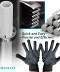Electric Drill PVC Pipe Threader Kit With Multiple Die Sizes For Internal And External Threading PVC Threader Set For Quick Pipe Repairs PVC Threading Tool With Durable Die Set image showing threaded PVC pipe, threading dies, and protective gloves.