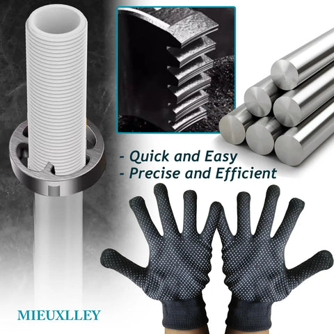 Electric Drill PVC Pipe Threader Kit With Multiple Die Sizes For Internal And External Threading PVC Threader Set For Quick Pipe Repairs PVC Threading Tool With Durable Die Set image showing threaded PVC pipe, threading dies, and protective gloves.