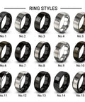 Various styles of Slick Architect Blueprint Grid Ring In Black Plated Tungsten Carbide Wedding Bands displayed in a row.